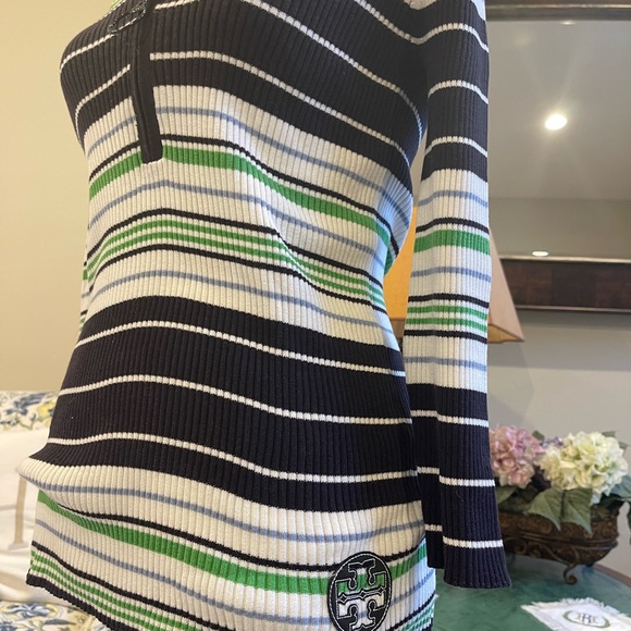 Tory Burch Navy, Green& White striped ribbed 1/4 Zip Top with 3/4 Sleeves Medium - Picture 4 of 8